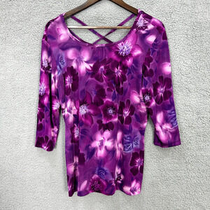 Vintage Y2K Fashion Bug Top Womens Large Purple Floral Hibiscus‎ Boho Fairy 90s